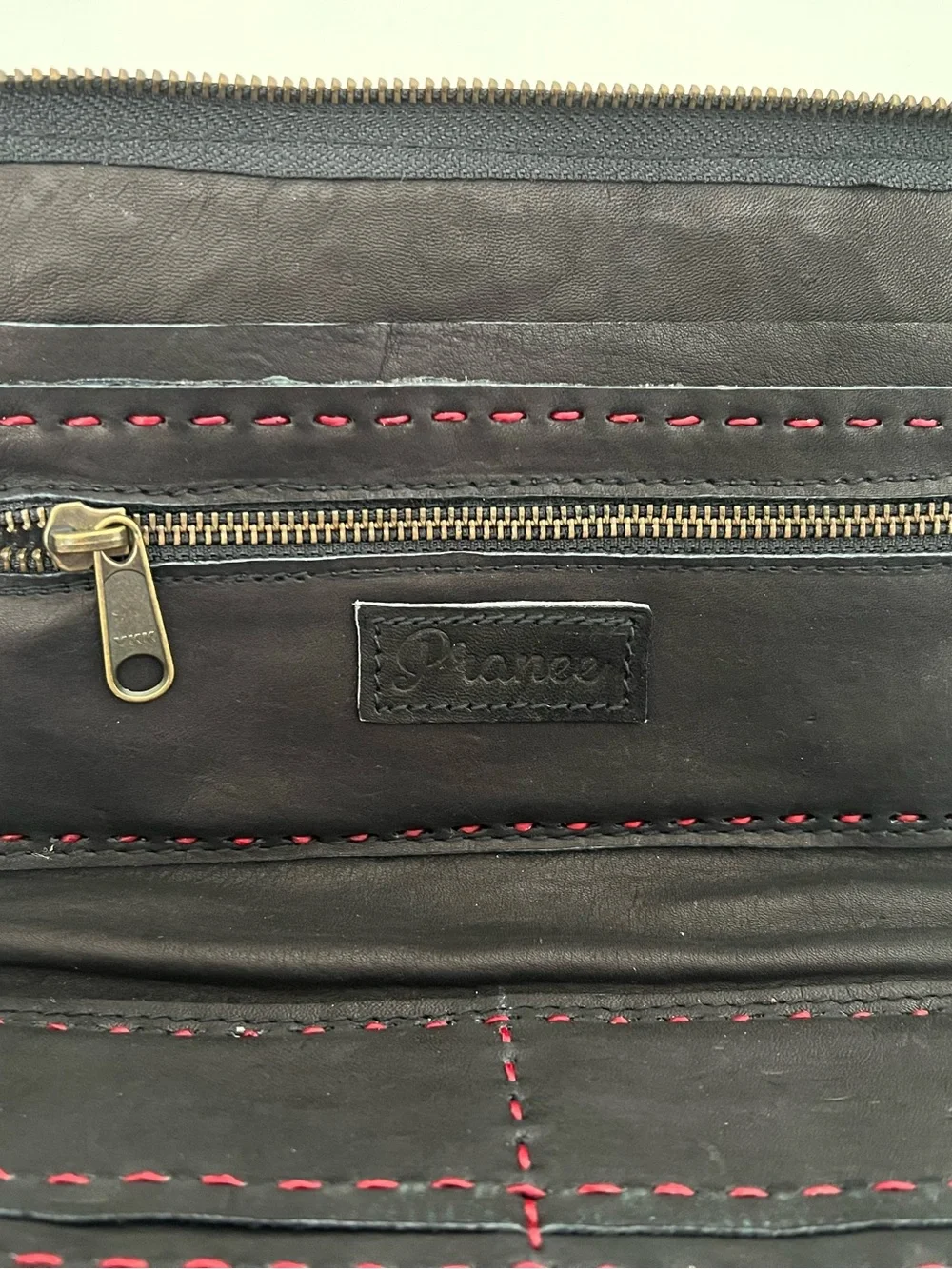 PRANEE Black Leather Wristlet with Multicolor Embroidered Panel